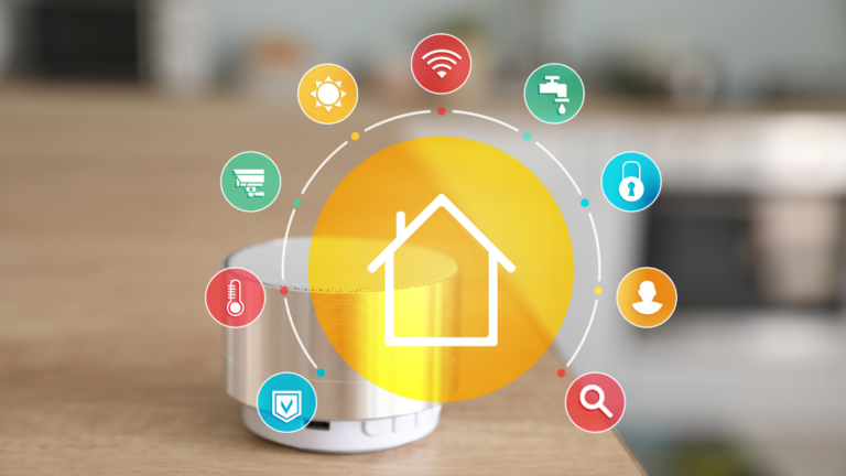 A graphic of a house encircled by different icons relating to home automation.