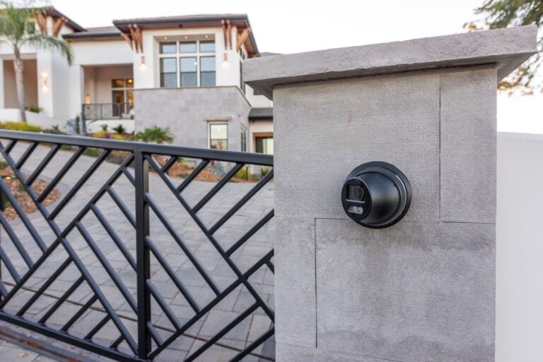 A closeup image of a night vision home security camera mounted to a security gate outside of a custom home.