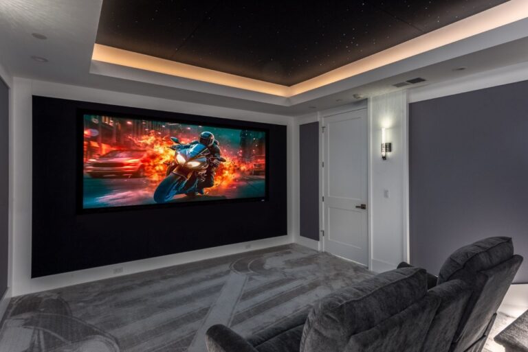 Home theater with ambient lighting, acoustic wall treatments and theater screen.