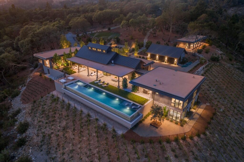 A birds-eye-view of a new home with modern architecture.