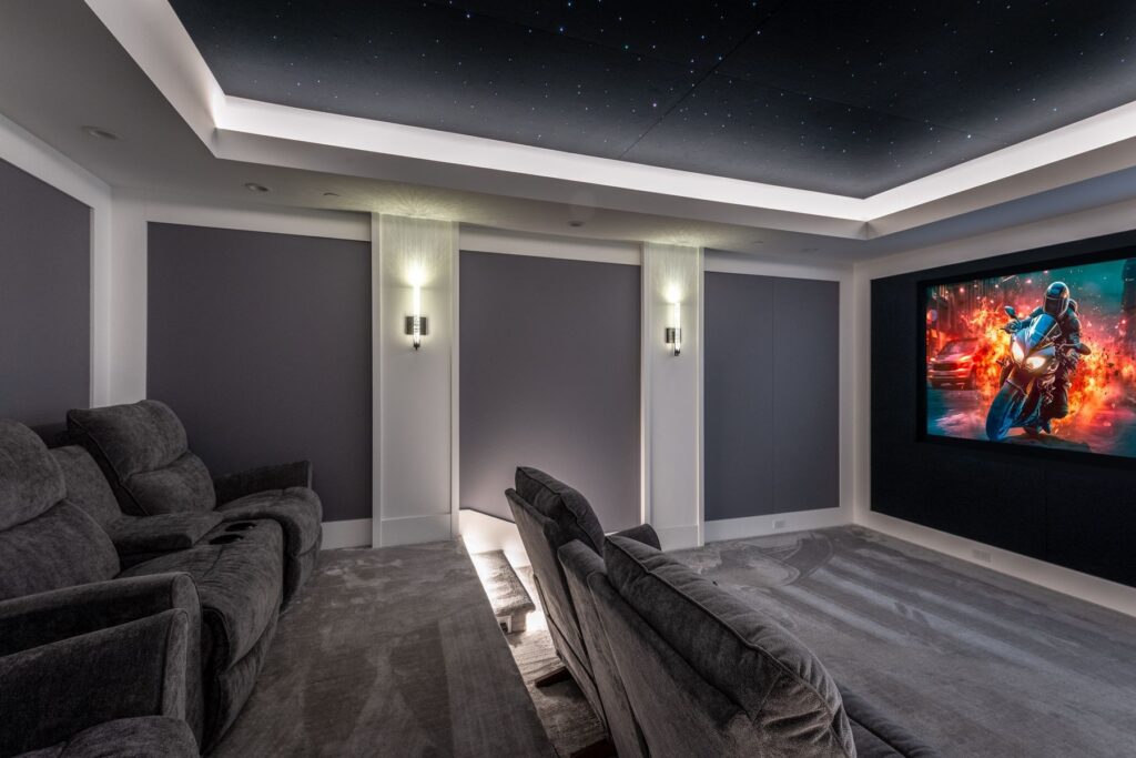 A moderate home theater showcasing the screen capabilities.