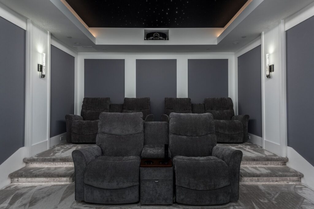 A moderate home theater with recliner chairs.